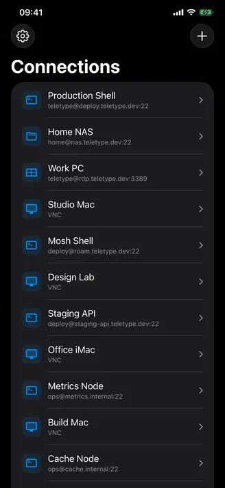 Teletype connections list with SSH, SFTP, RDP, VNC, and Mosh sessions on iPhone