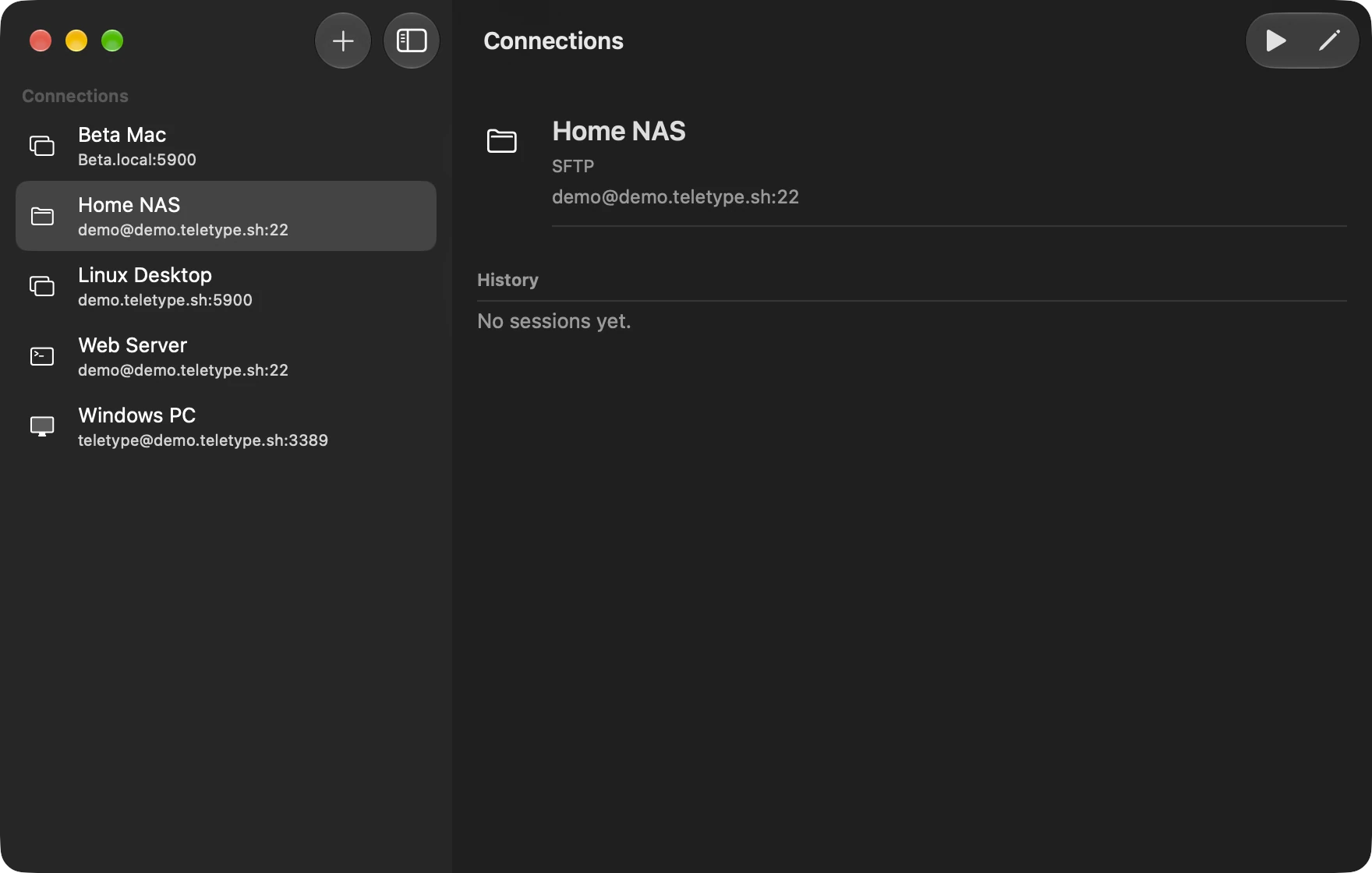Teletype for Mac listing saved terminal, file transfer, and remote desktop connections