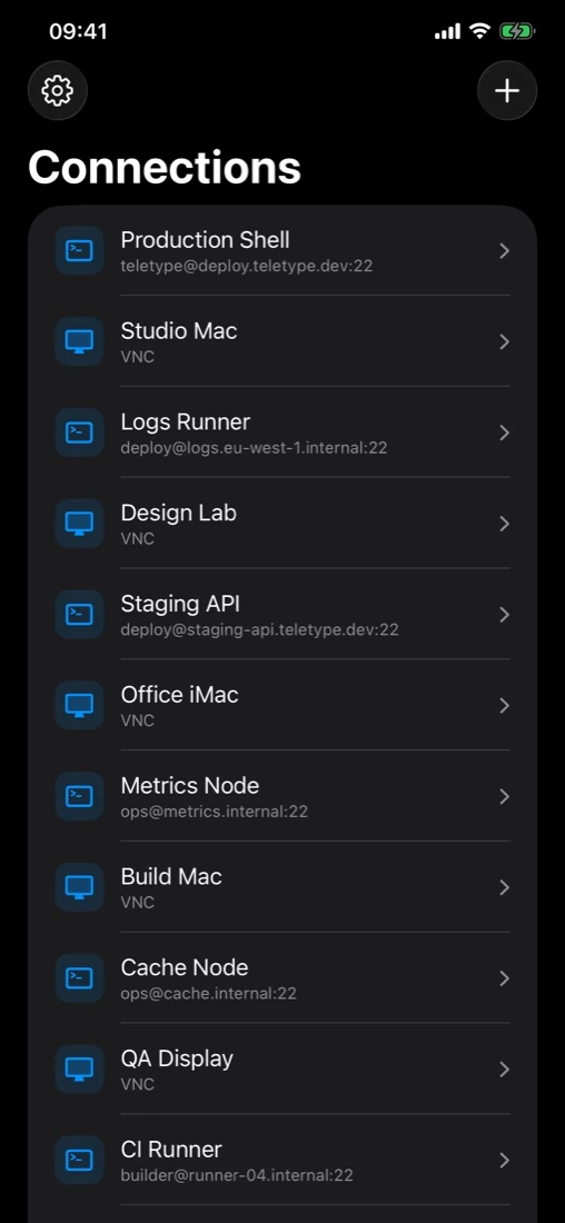 Teletype connections list on iPhone