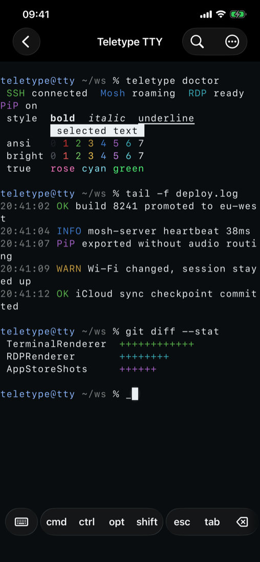 Teletype on iPhone displaying deployment logs and a Git diff in an SSH terminal