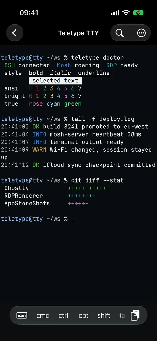 Teletype on iPhone displaying deployment logs and a Git diff in an SSH terminal