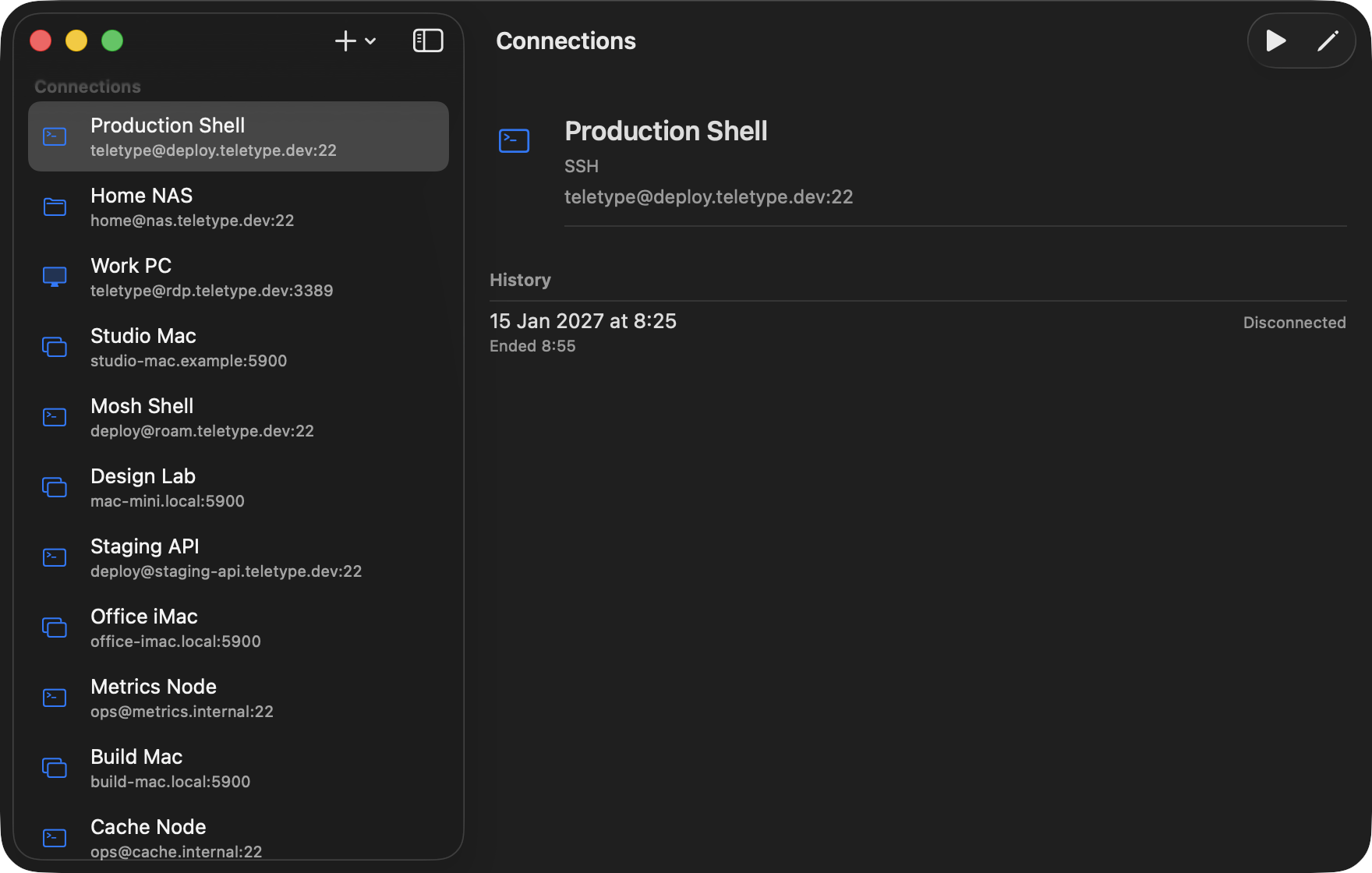 Teletype for Mac listing saved terminal, file transfer, and remote desktop connections