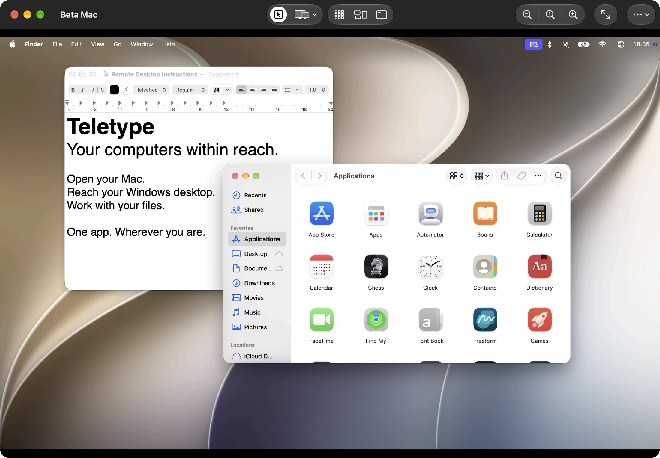 Teletype for Mac sharing a remote Mac desktop with TextEdit and Finder open