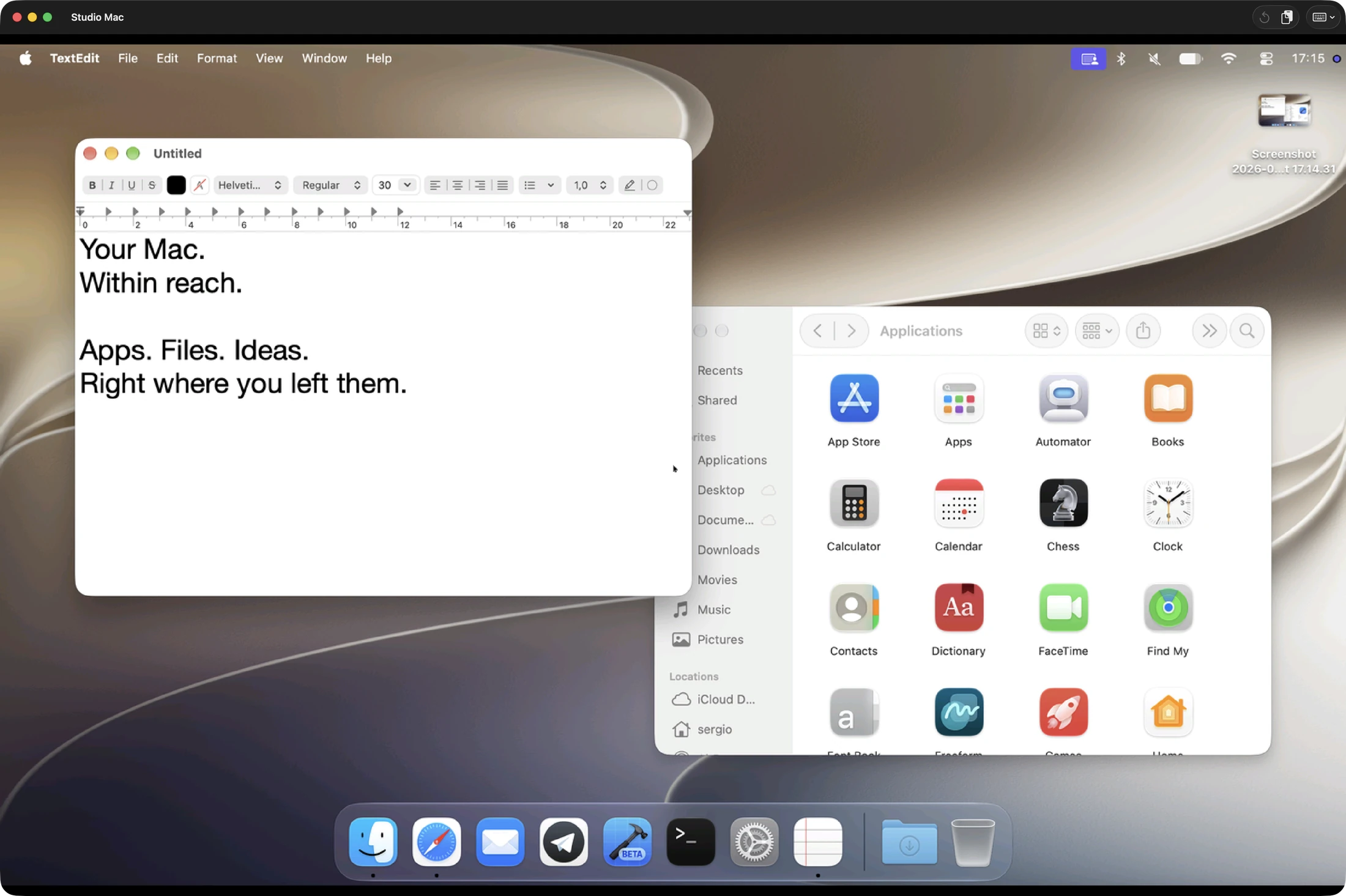 Teletype for Mac sharing a remote Mac desktop with TextEdit and Finder open