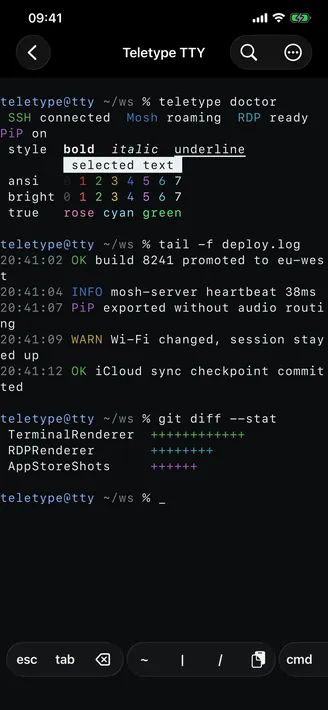 Teletype SSH and Mosh terminal session on iPhone