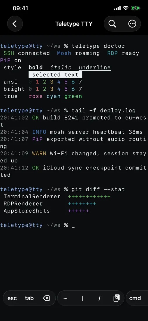 SSH and Mosh terminal session in Teletype on iPhone